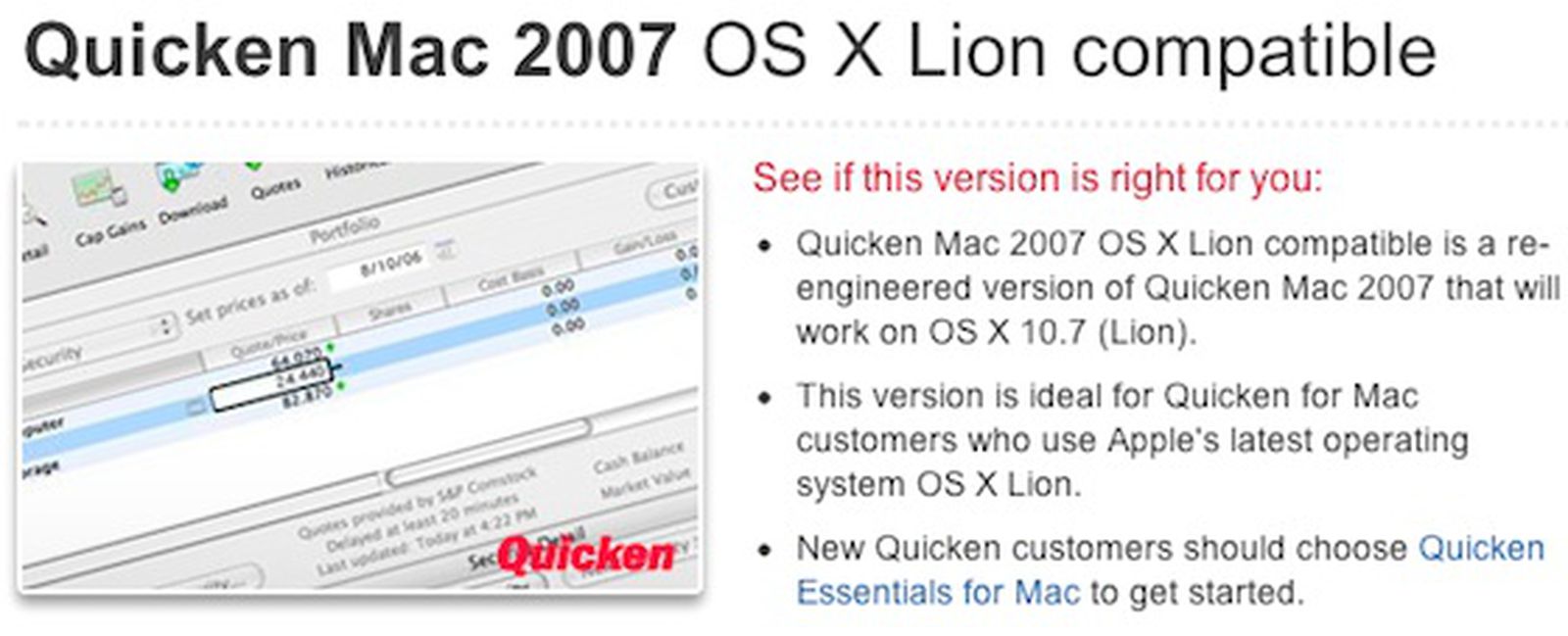 lion compatible quicken for mac 2007 update